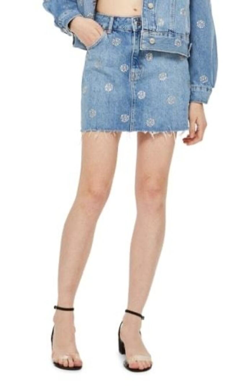 Topshop Moto Women's Rhinestone Embellished Polka Dot Denim Jean Skirt Size 6 US